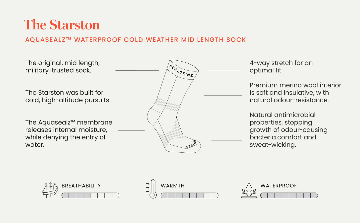 Starston Waterproof Cold Weather Mid Length Sock - Black