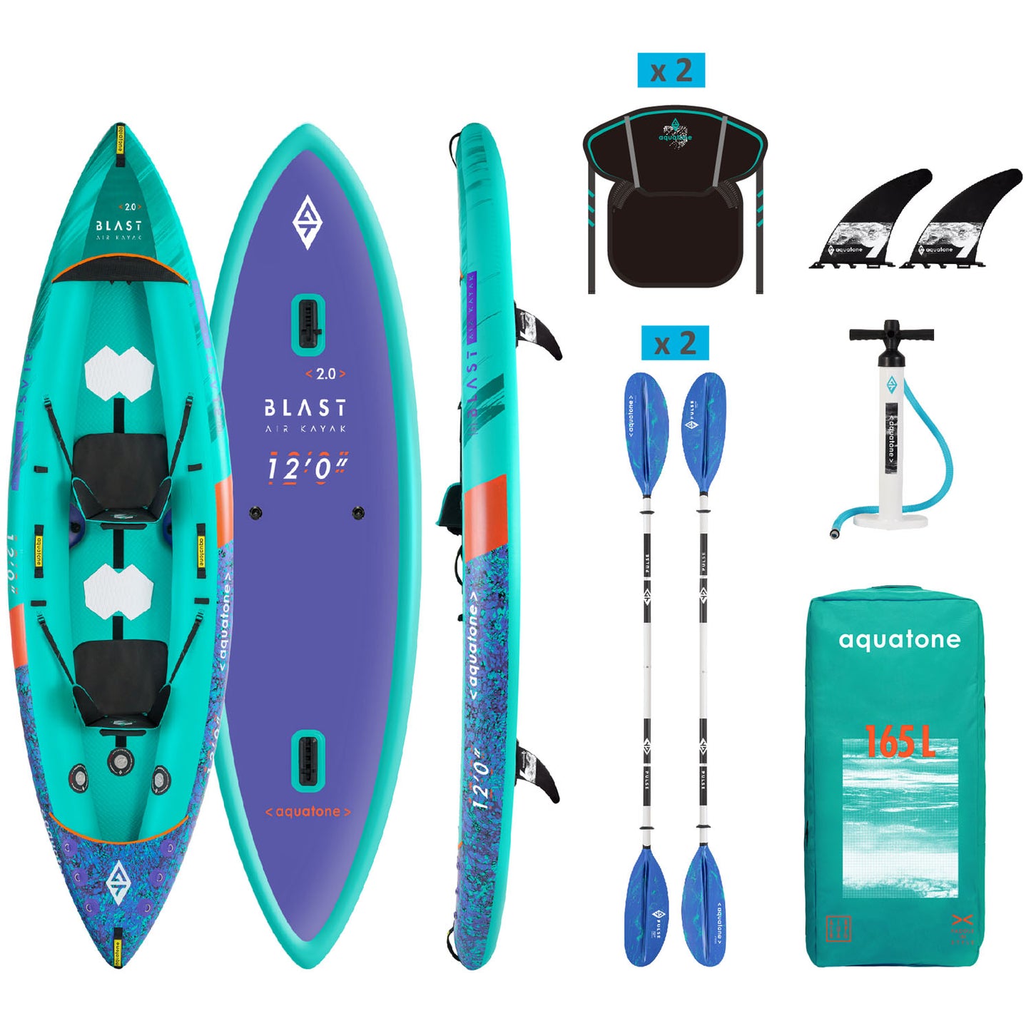 Aquatone BLAST 12'0 Inflatable 2 Person Recreational Kayak Package