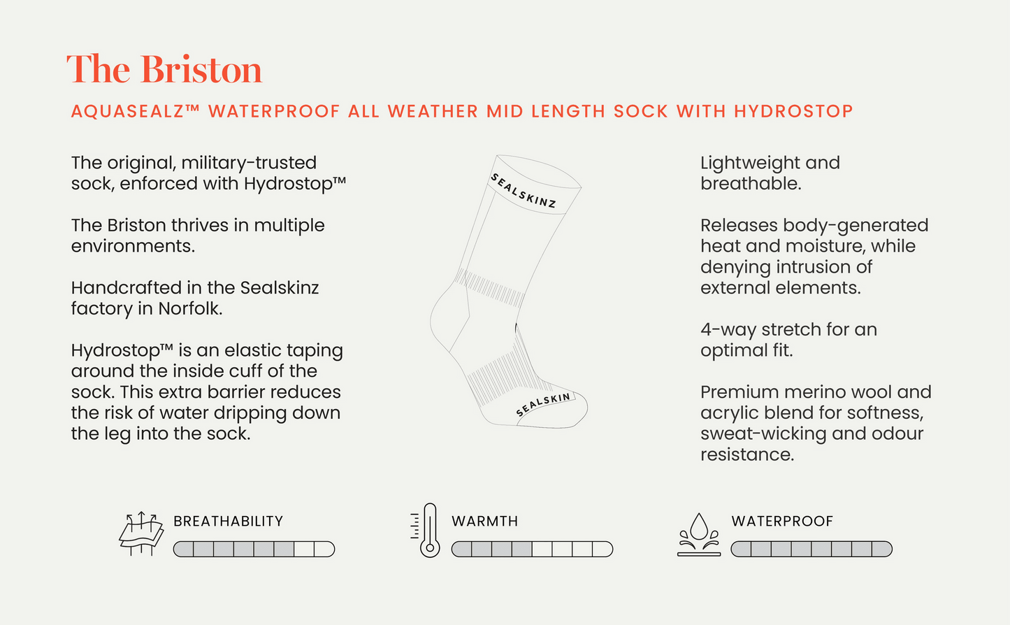 Briston Waterproof All Weather Mid Length Sock with Hydrostop™ - Black/Grey