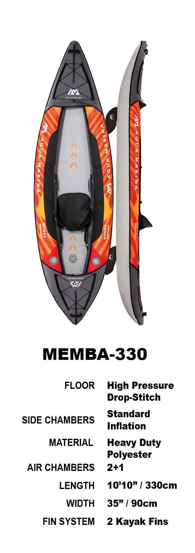 Aqua Marina Memba 330 Drop-Stitch Floor, Polyester Cover Inflatable Kayak Package for 1 Person