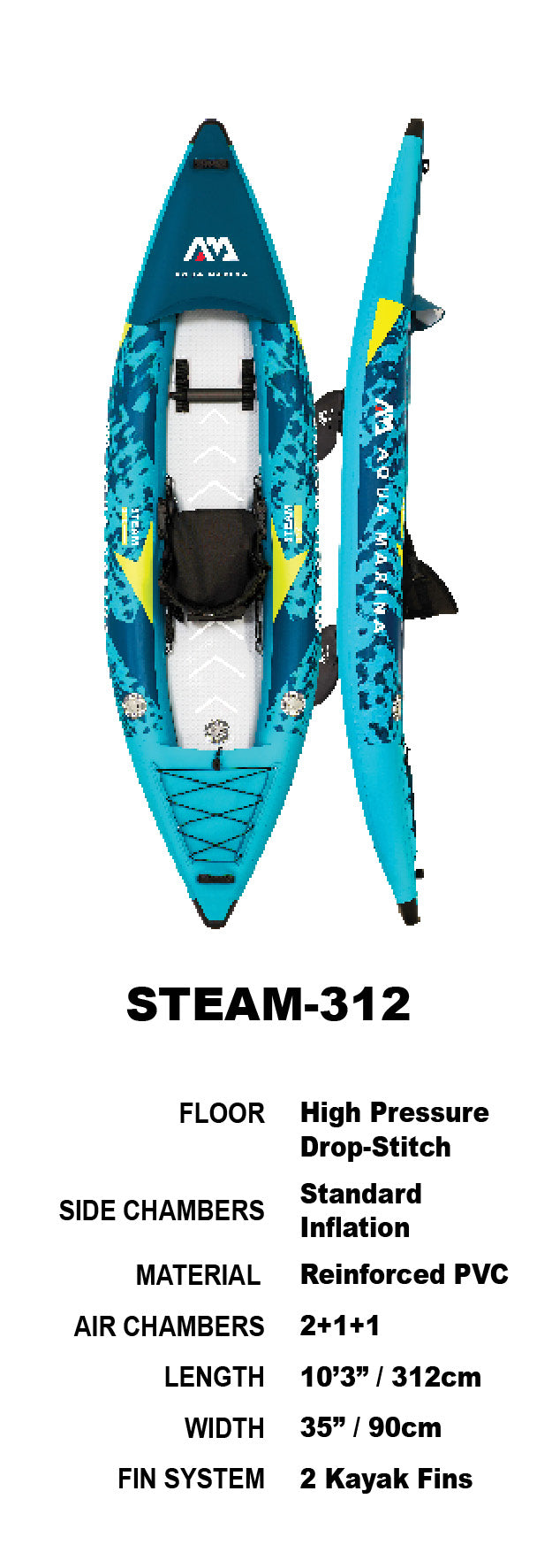 Aqua Marina Steam 312 Drop-Stitch Floor Inflatable Kayak Package for 1 Person