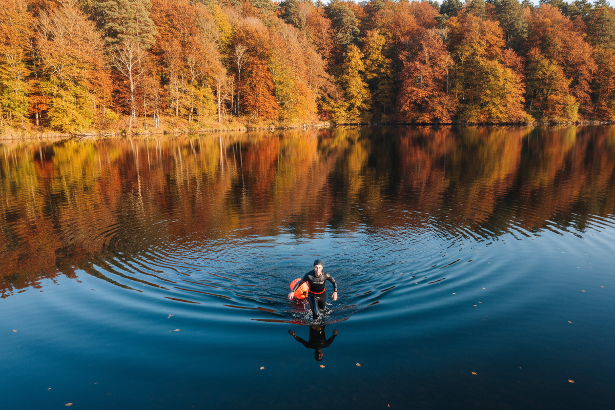 Open water swimmer with a tow float in an autumn lake