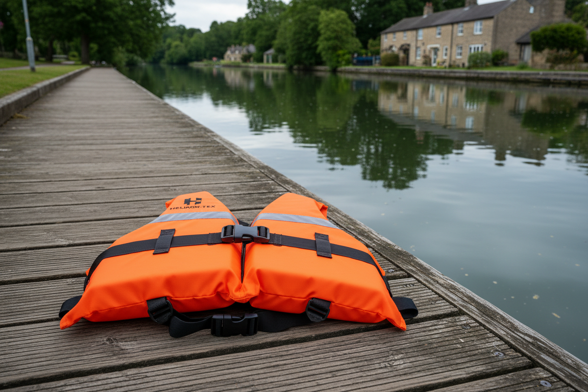 Orange buoyancy aid on a wooden dock by a river