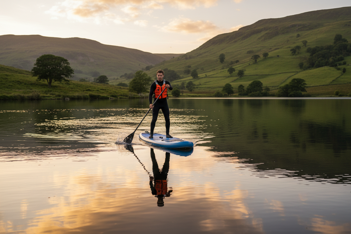 Paddleboarder on a calm UK lake at golden hour