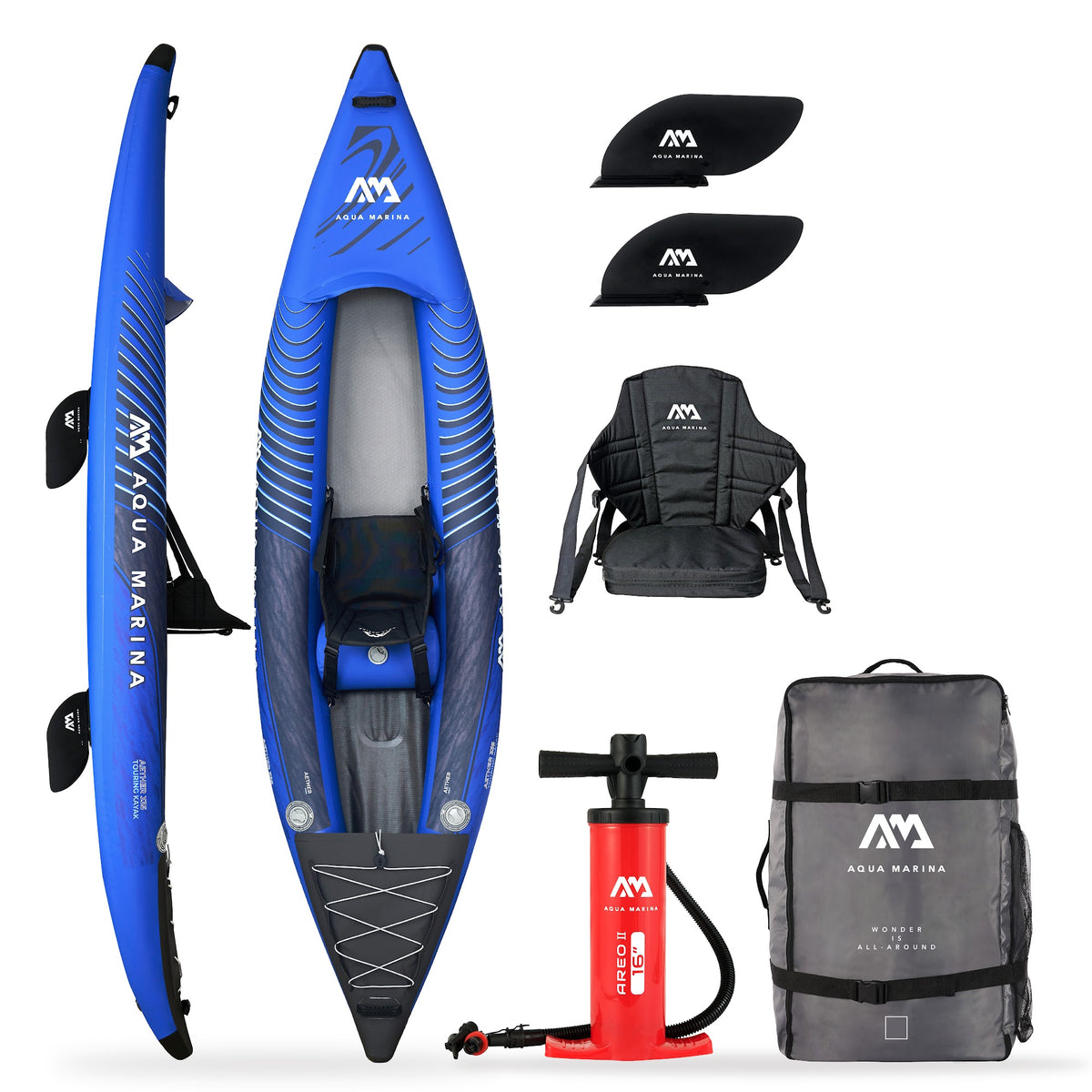 Aqua Marina Aether 335 1 person inflatable touring kayak 2027 package with seat, fins, pump and backpack