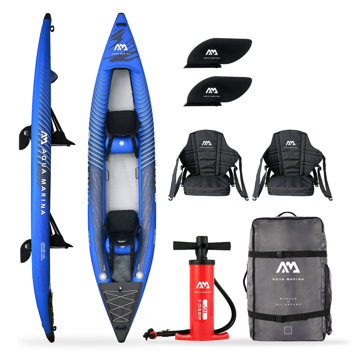 Aqua Marina Aether 445 2 person inflatable touring kayak 2027 package with seats, fins, pump and backpack