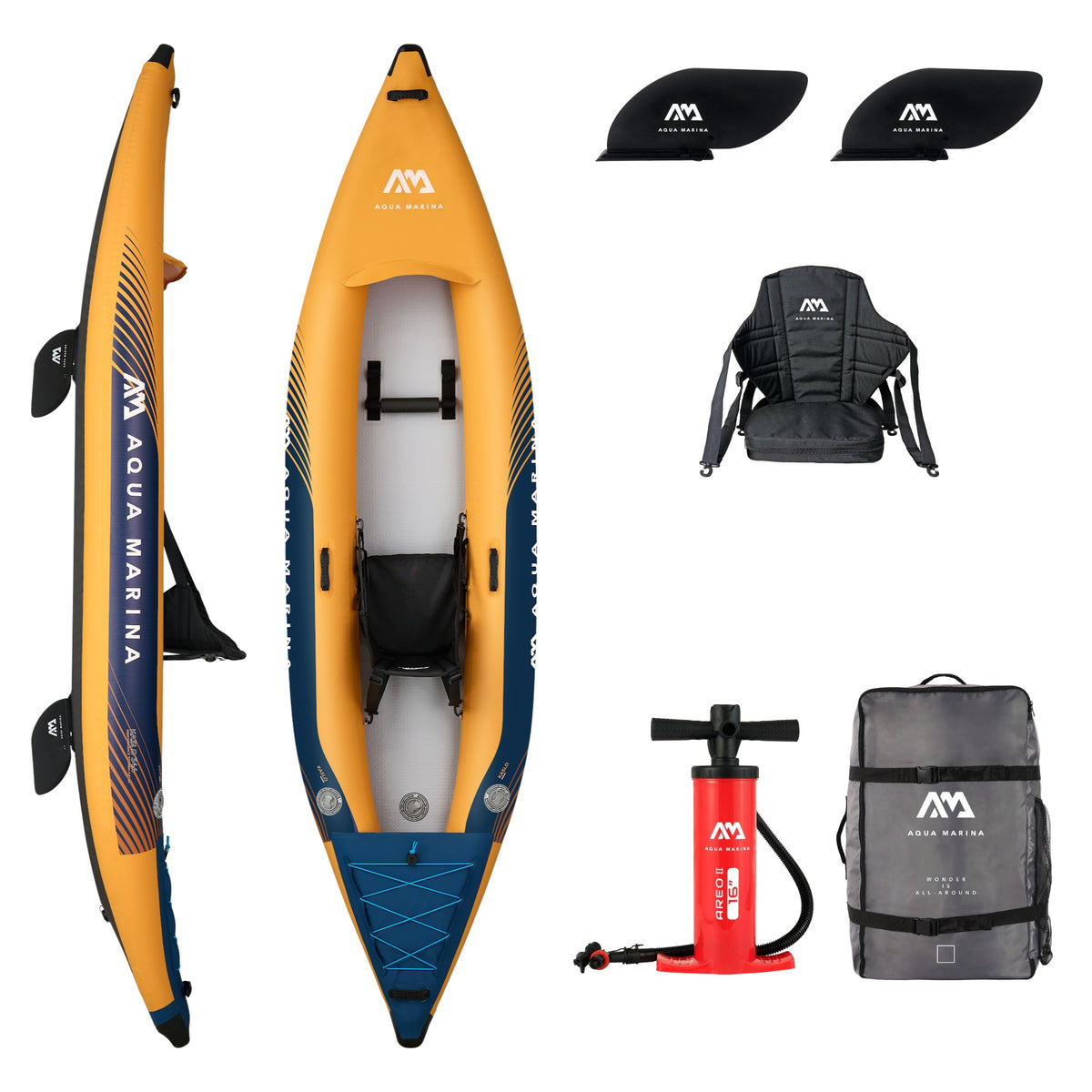 Aqua Marina Kaslo 344 1 person inflatable performance touring kayak 2027 package with seat, fins, pump and backpack