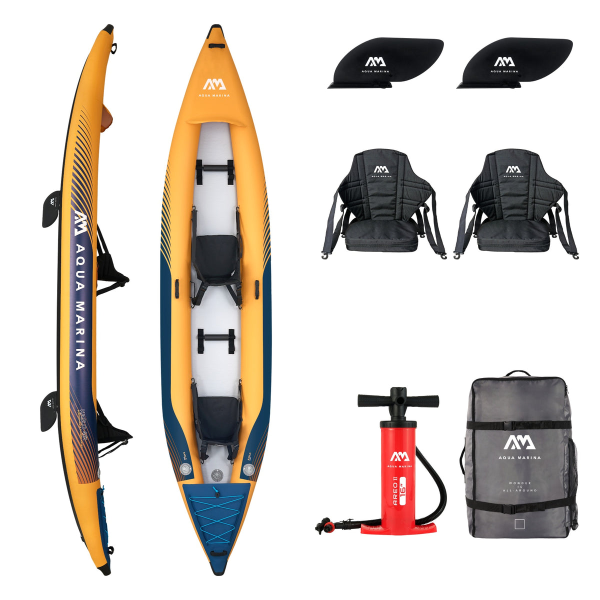 Aqua Marina Kaslo 461 2 person inflatable performance touring kayak 2027 package with seats, fins, pump and backpack