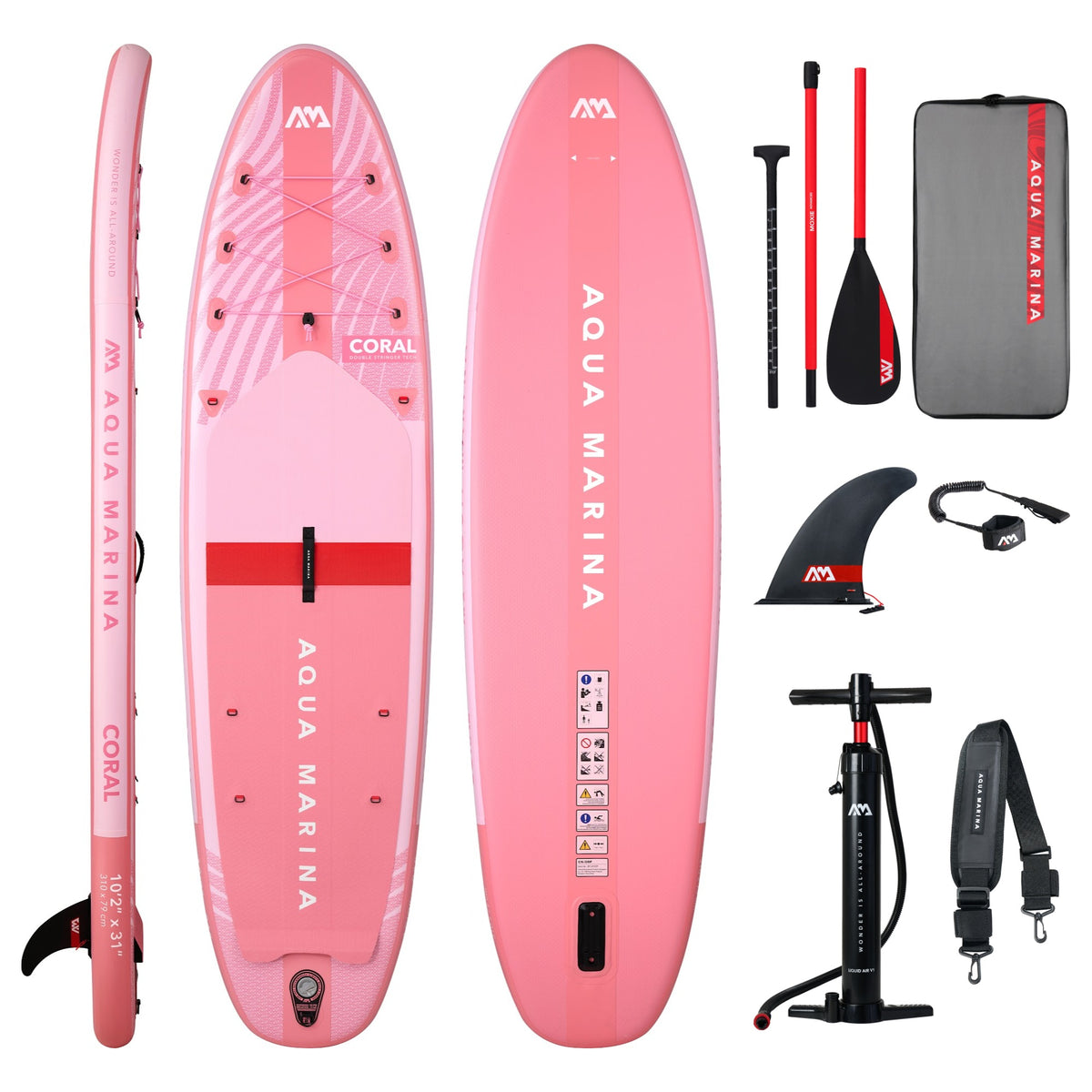 Aqua Marina Coral 10'2" advanced all round inflatable paddleboard 2027 package with paddle, backpack, fin, leash, pump and carry strap