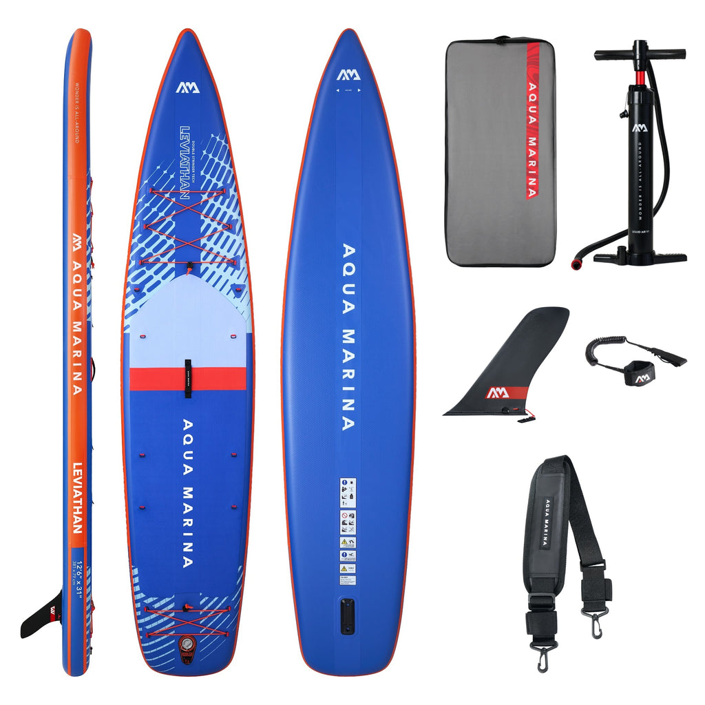 Aqua Marina Leviathan 12'6" advanced touring inflatable paddleboard 2027 package with backpack, pump, racing fin, leash and carry strap