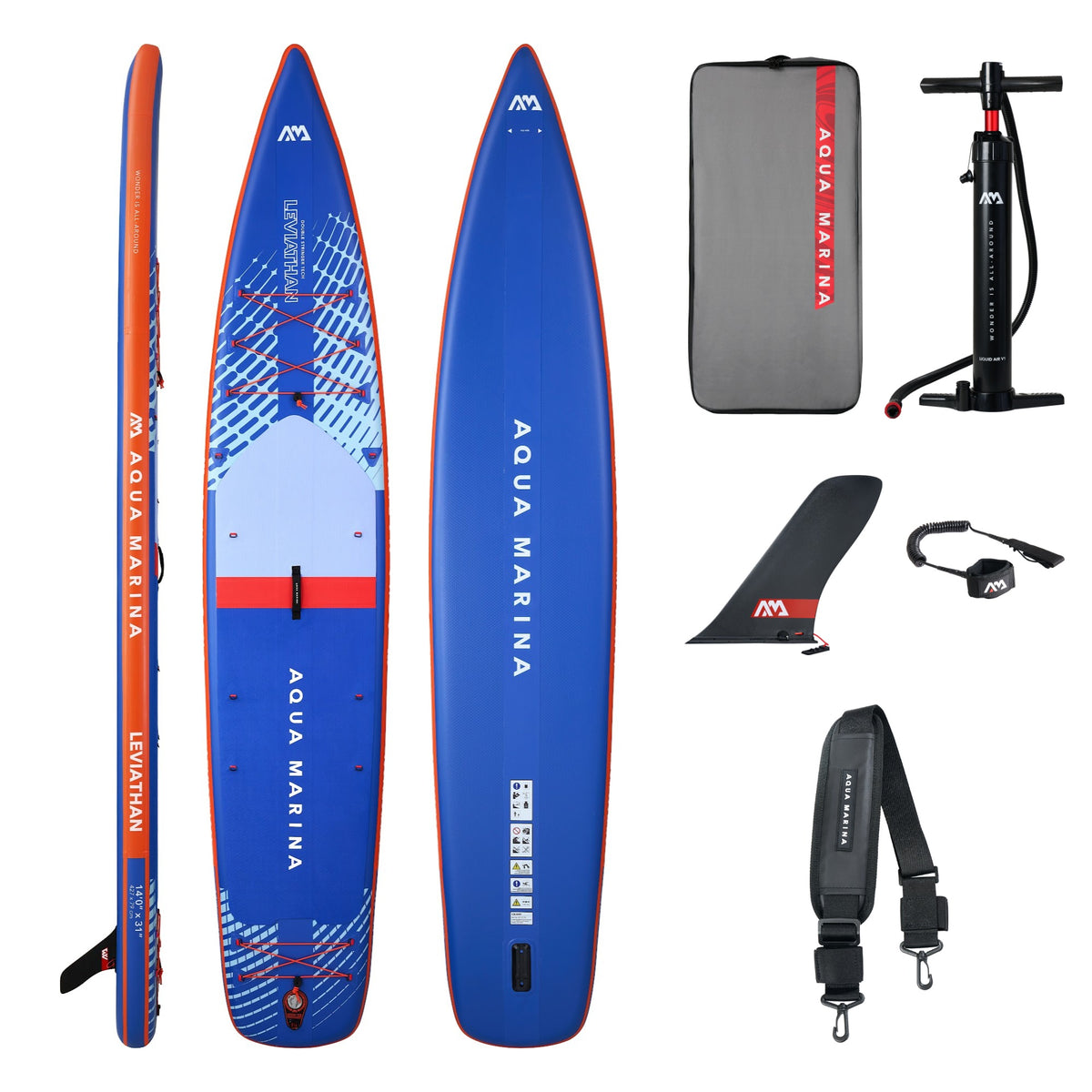 Aqua Marina Leviathan 14'0" advanced touring inflatable paddleboard 2027 package with backpack, pump, racing fin, leash and carry strap