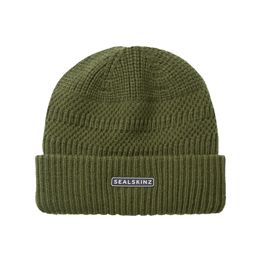 Sealskinz Gressenhall Waterproof Cold Weather Textured Stripe Roll Cuff Beanie - Olive
