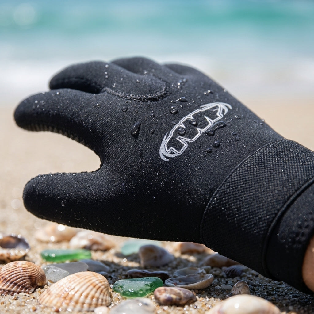 A black wetsuit glove with a white logo, covered in water droplets, resting on a beach of sand, shells, and glass with the ocean blurred in the background.