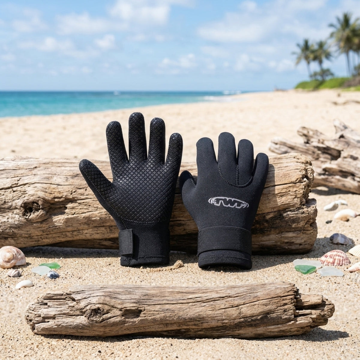 A pair of black neoprene diving gloves with textured palms, displayed on driftwood on a sandy beach with the ocean and sky in the background.