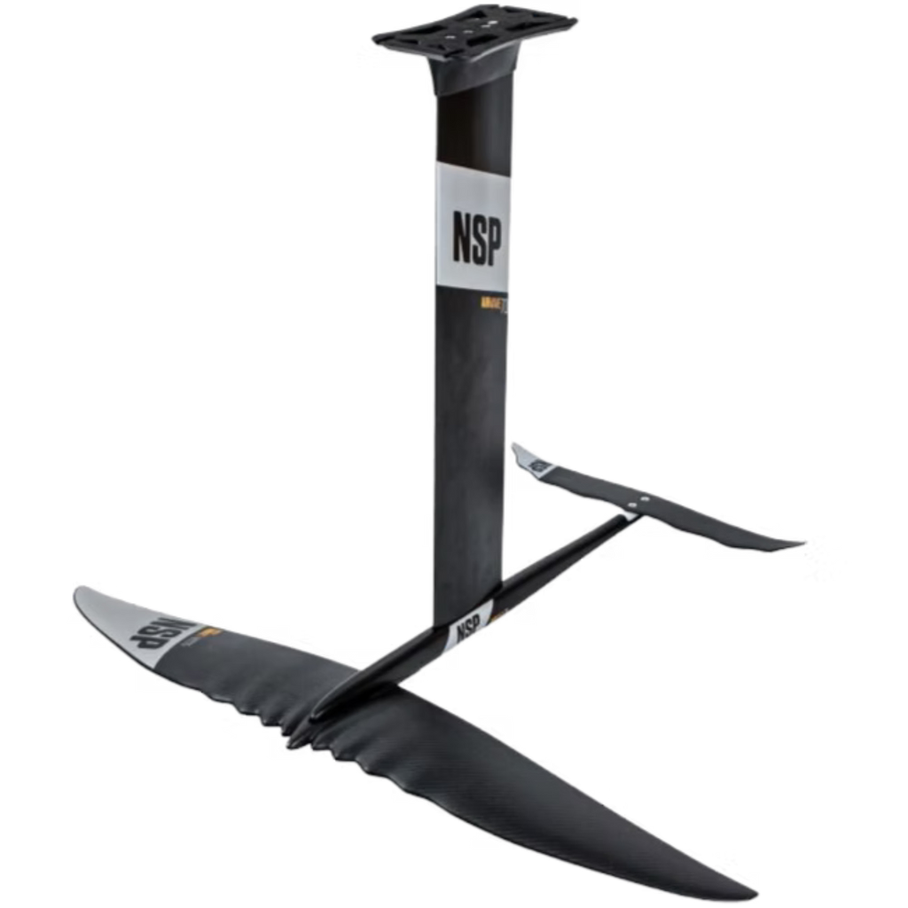 A black hydrofoil assembly with a tall vertical stabilizer, horizontal stabilizer, and wing, shown on a plain white background. The vertical stabilizer has a white label with the text 'NSP' and 'Mangust' in smaller text, and the wing has 'NSP' printed on it.